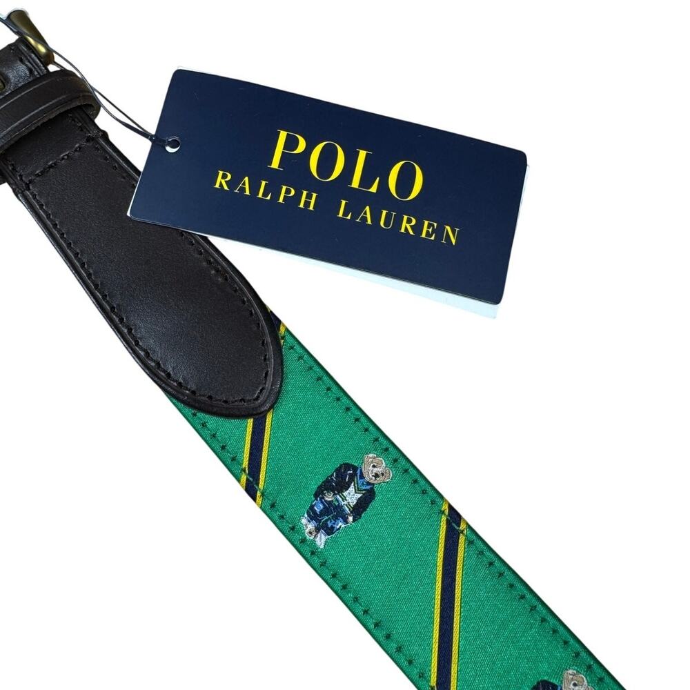 Polo Ralph Lauren Mens 36 Green Navy Polo Bear Leather Trim Belt Preppy NWT